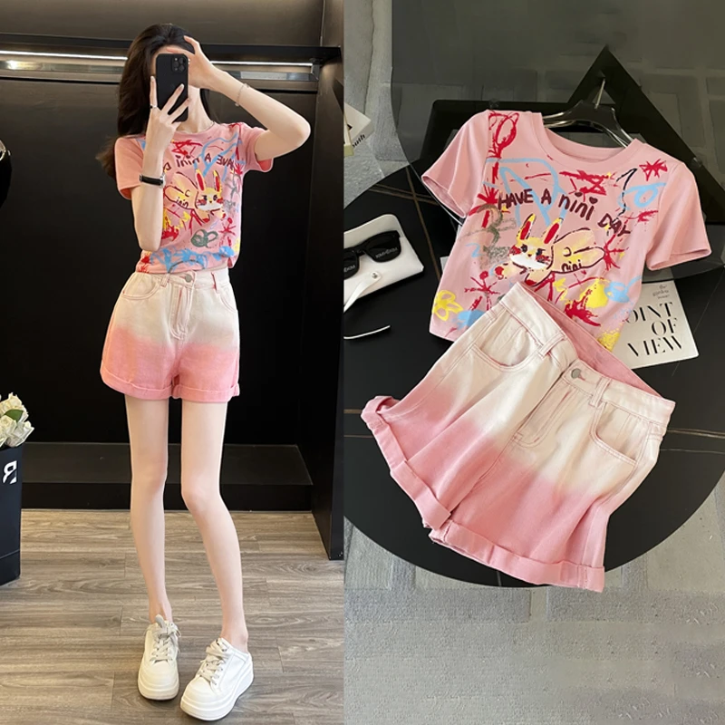 多巴胺服装女短袖圆领T恤时尚套装夏季小清新渐变色休闲牛仔短裤