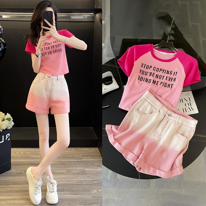 欧若风洋气短袖上衣时尚套装夏季休闲减龄小清新渐变色短裤两件套