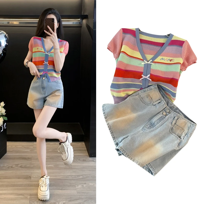 多巴胺服装穿搭套装小个子穿搭一整套显瘦针织衫牛仔洋气两件套女