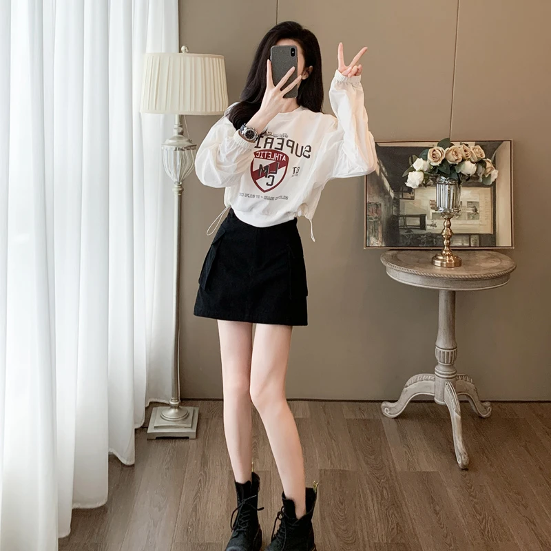小个子休闲运动套装女秋冬新款宽松字母印花上衣短裙气质两件套