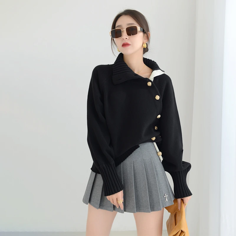 设计感黑色半高领毛衣女秋冬季复古气质慵懒风宽松长袖针织衫上衣