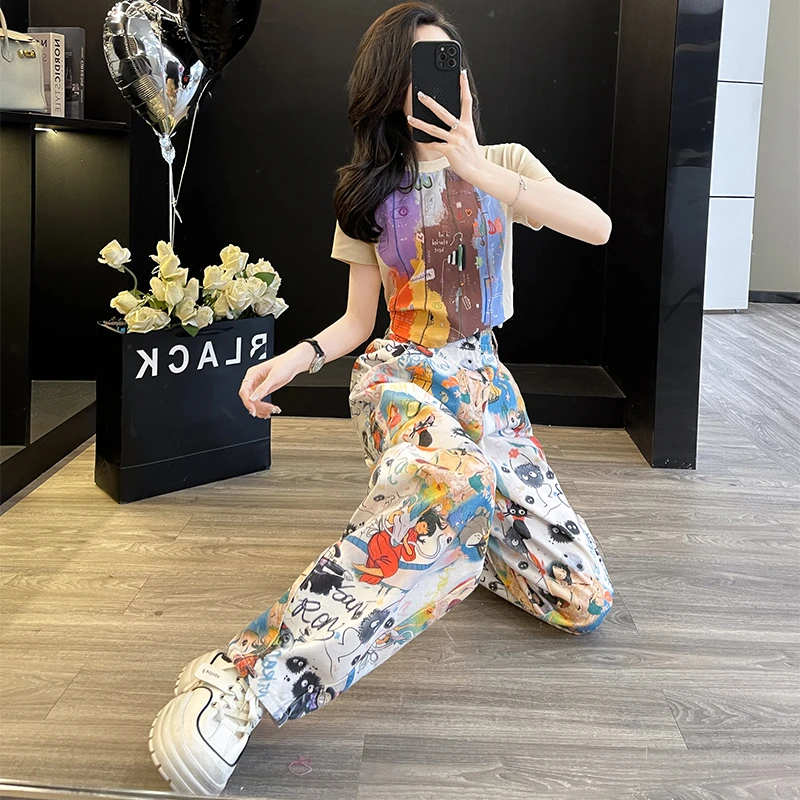 网红洋气炸街女装短袖T恤时尚套装夏季多巴胺碎花显瘦女士休闲裤