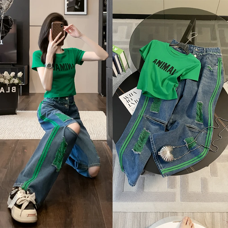 网红短袖洋气短款T恤时尚套装休闲高腰时髦破洞短裤短袖女套装