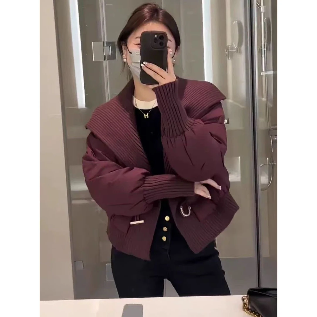 OR0065-紫红色冬款大翻领拼接袖时尚休闲减龄短款羽绒外套