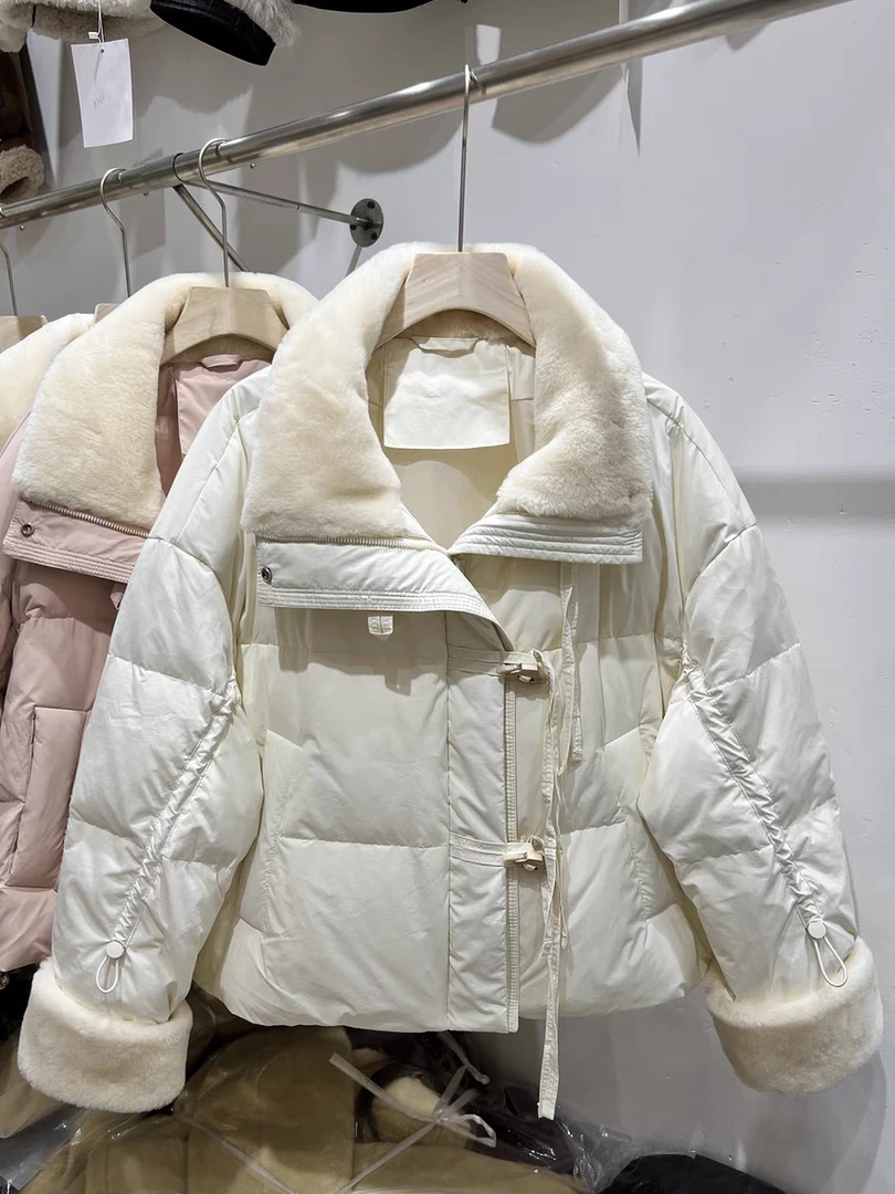 OR0068-米白色冬款时尚毛龄短款羽绒外套