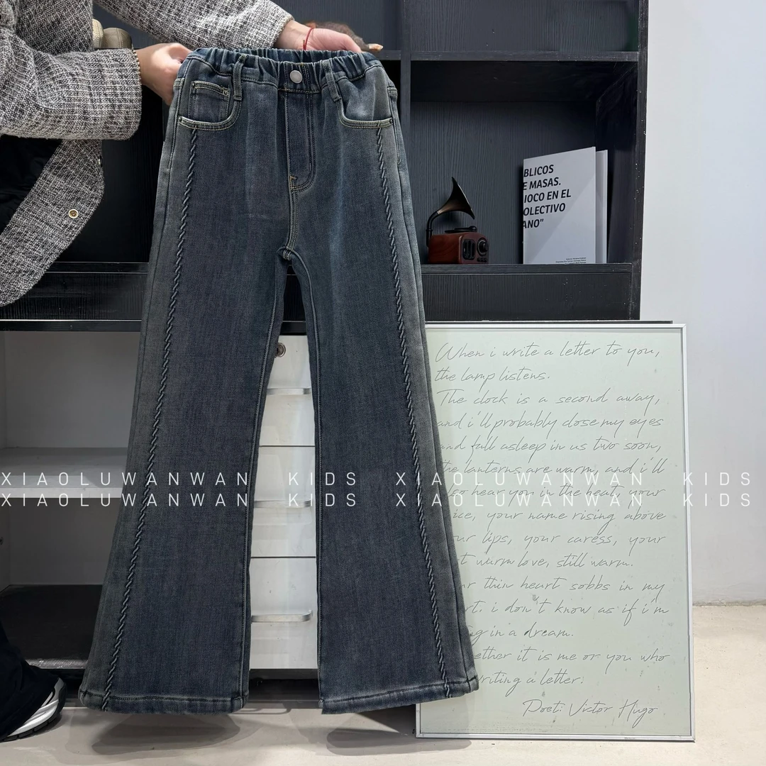 Q610秋冬女童新款韩系微喇浅灰一体绒牛仔裤