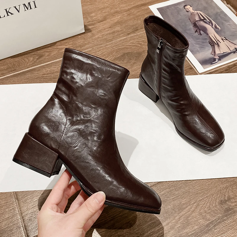 秋冬季方头低跟侧拉链复古弹力瘦瘦靴马丁靴时尚气质英伦风靴子