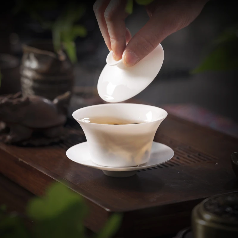 羊脂玉素烧盖碗小莲花三才碗陶瓷茶杯手工德化薄胎白瓷马蹄泡茶碗