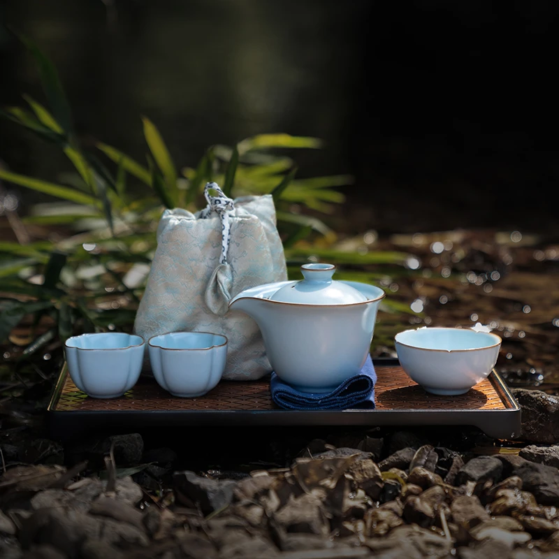 汝瓷旅行茶具一壶三杯汝青釉开片可养手抓壶汝窑茶杯快克杯便携包