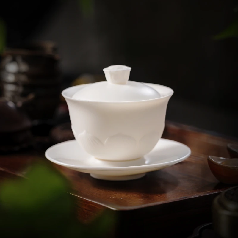 羊脂玉白瓷素烧盖碗高档莲花德化陶瓷手工纯白家用大号三才泡茶碗