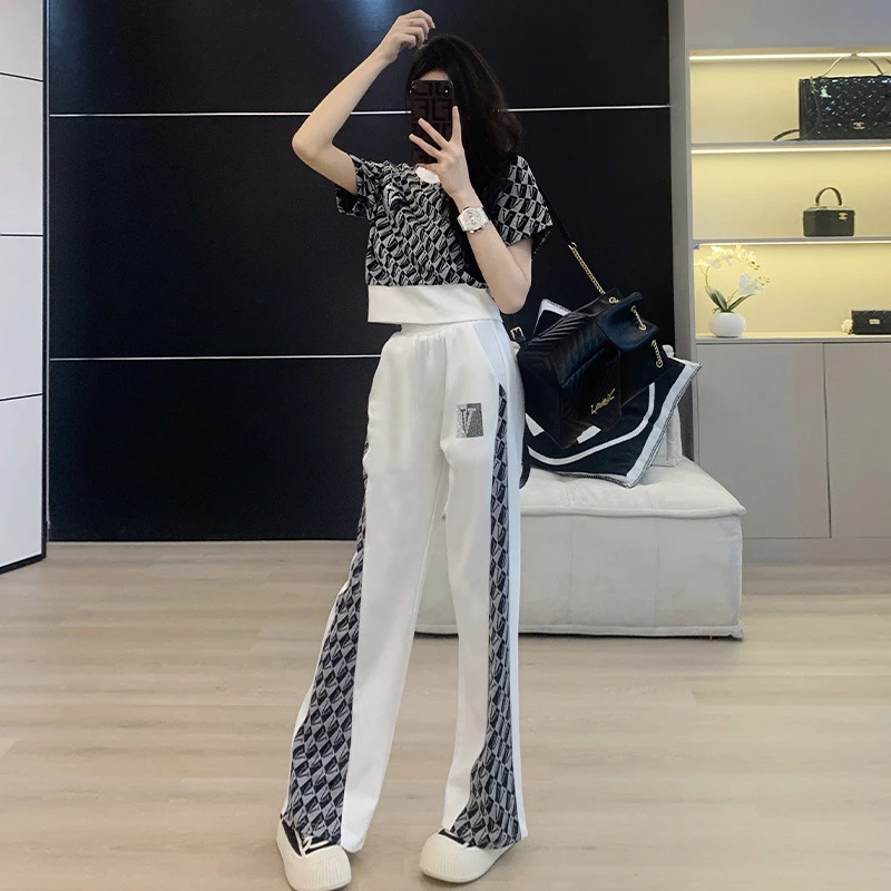 休闲运动套装女夏2023新款韩版圆领拼色印花短袖棋盘减龄格两件套