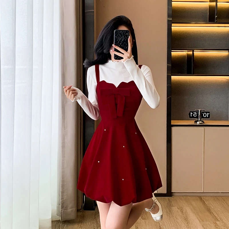 蝴蝶结红色丝绒吊带连衣裙女高级感圣诞a字蓬蓬公主裙子显瘦