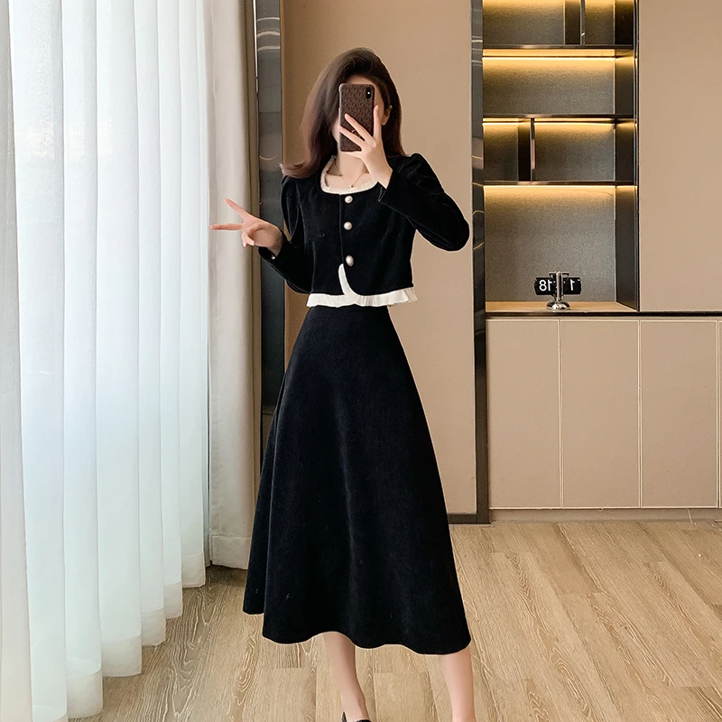 秋季新款法式方领甜美荷叶边拼接灯芯绒高腰A字套装裙