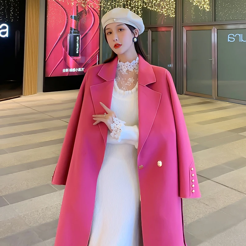 玫粉色2024新款秋冬季赫本风双面绒大衣女中长款高端呢子毛呢外套