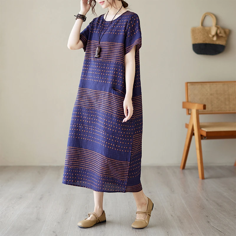 大码宽松连衣裙女夏装民族风长裙夏季中国风女装文艺新中式裙子女