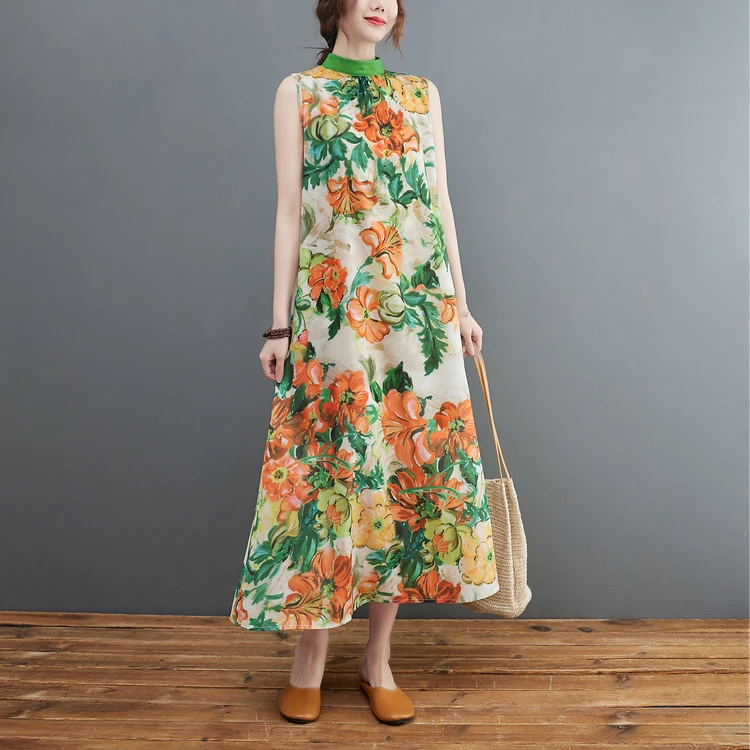 海边度假风沙滩裙洋气复古夏季碎花民族风无袖背心裙胖mm连衣裙子
