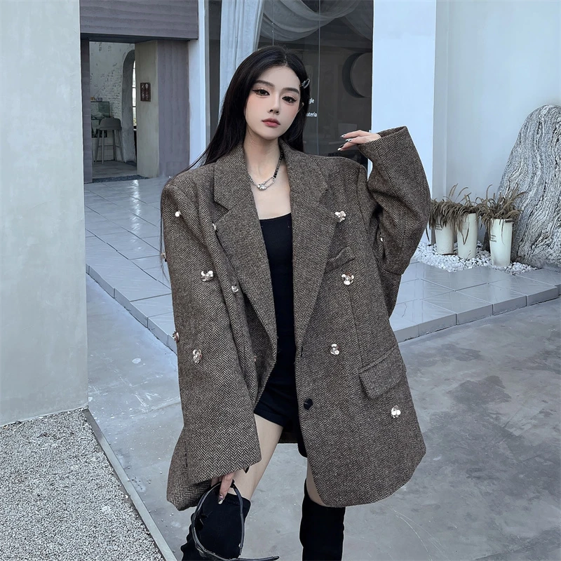 洋气法式高级感钉珠小香风西装时尚百搭巨显瘦西服毛呢外套小个子