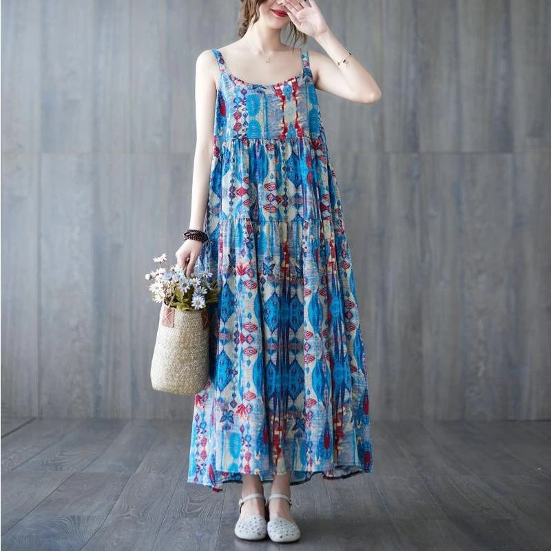 洋气减龄高端大气上档次胖mm碎花连衣裙吊带裙子宽松大码时尚长裙