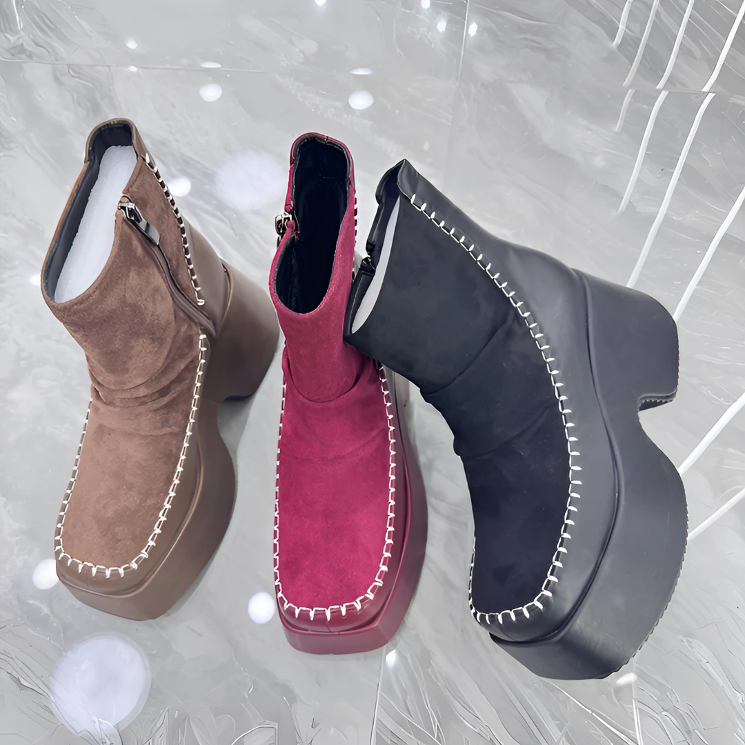 1851欧美风厚底时尚百搭复古马丁靴粗跟厚底高跟英伦风加绒短靴