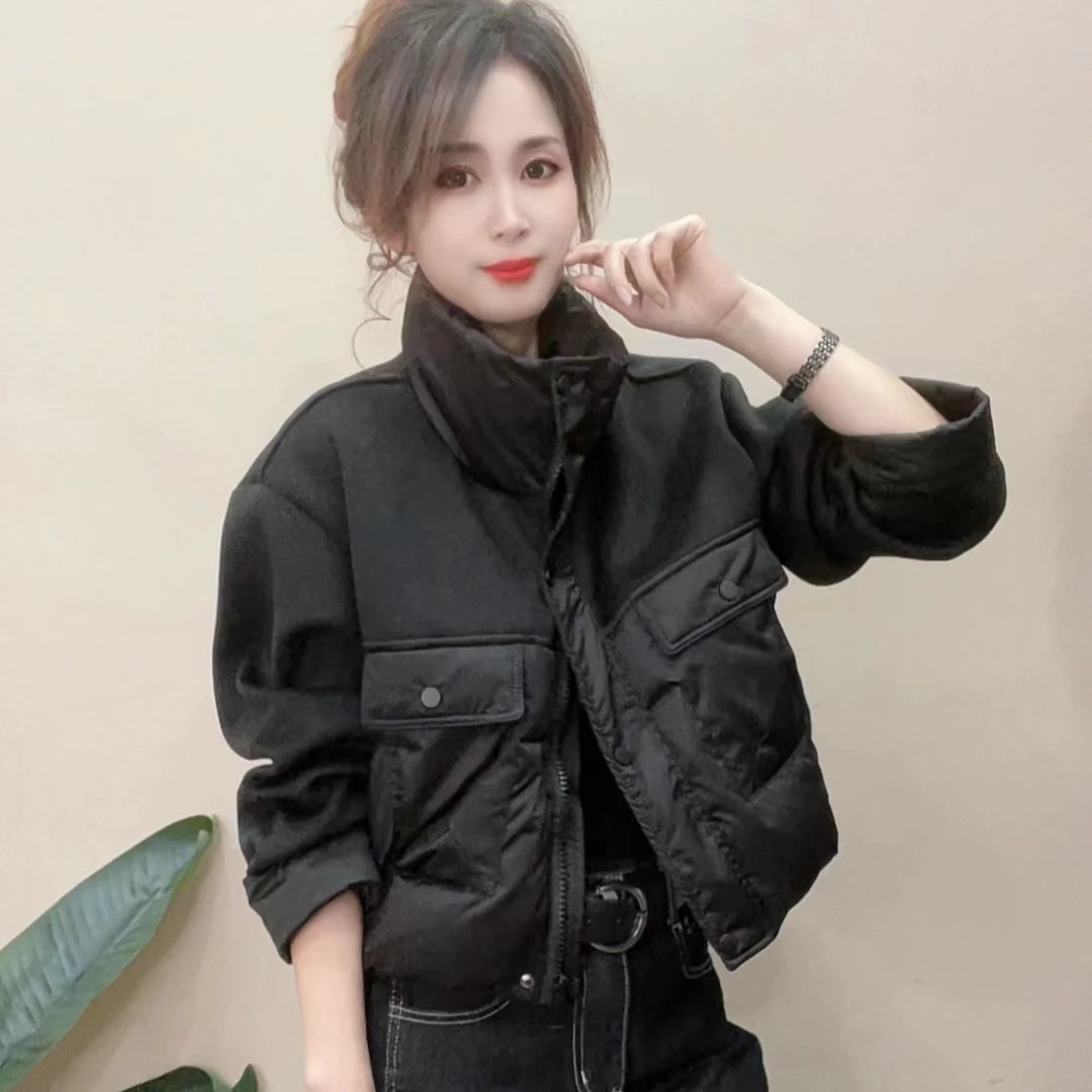 拼接大口袋羽绒服女2024冬季欧货白鸭绒保暖短款外套