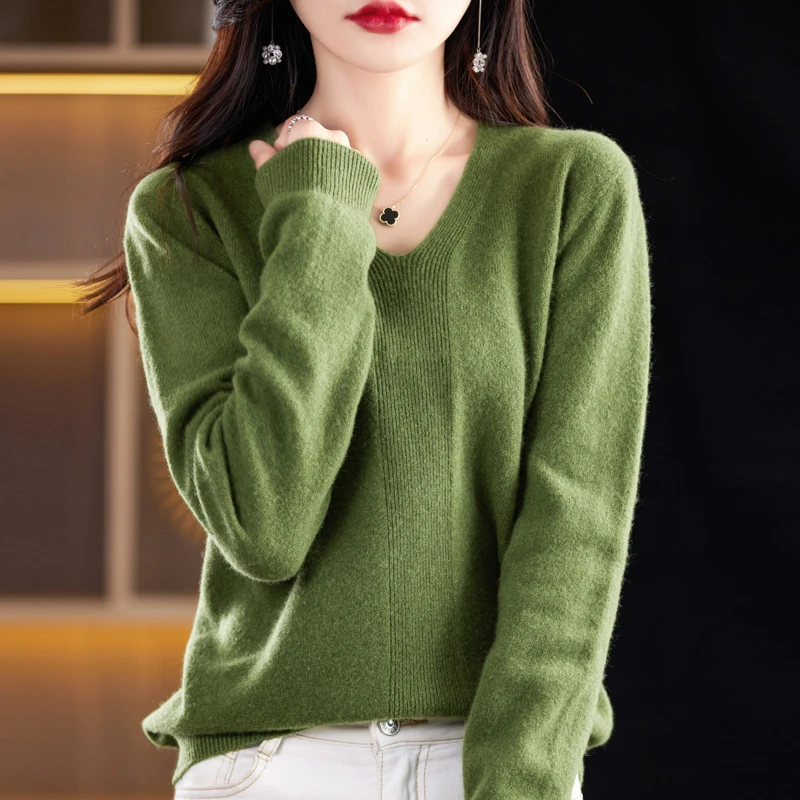 秋冬季爆款V领中间竖条针织长袖时尚百搭宽松显瘦气质针织毛衣