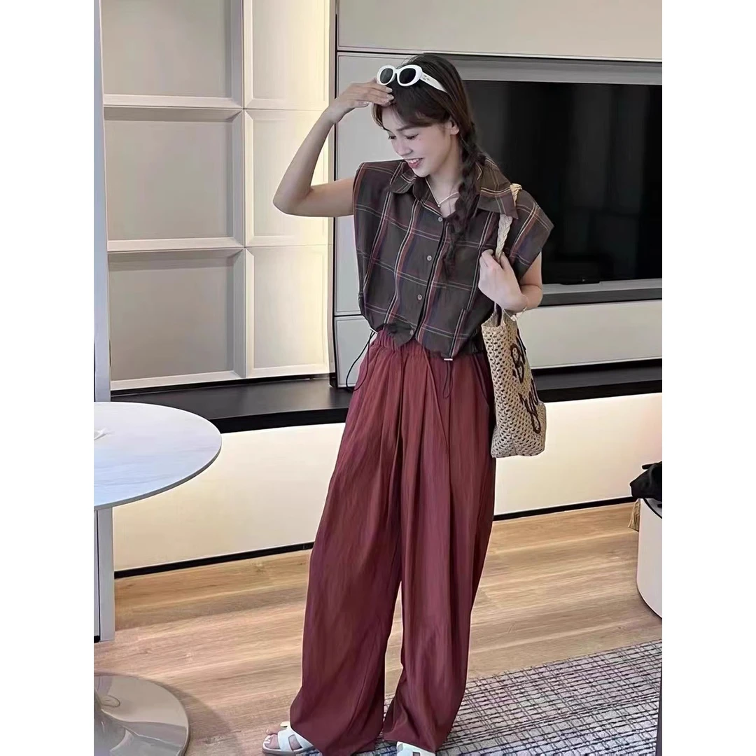 ZX054无袖衬衫女夏复古短款POLO领通勤格子小个子显瘦收腰上衣