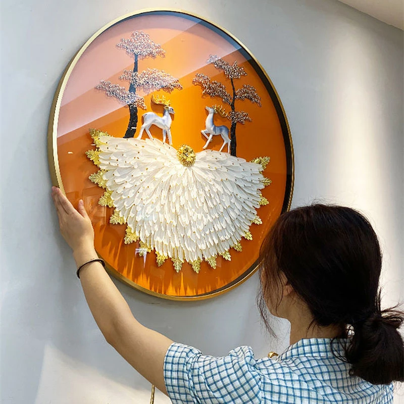 轻奢入户玄关装饰画圆形寓意好羽毛立体实物招财走廊过道墙壁挂画