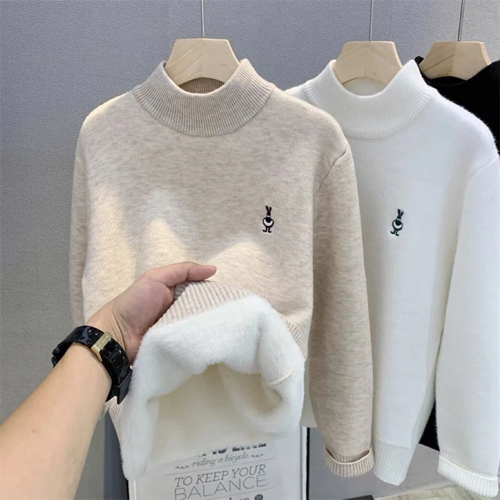 男童冬季加绒毛衣中大童一体绒套头针织衫儿童韩版加厚打底童装