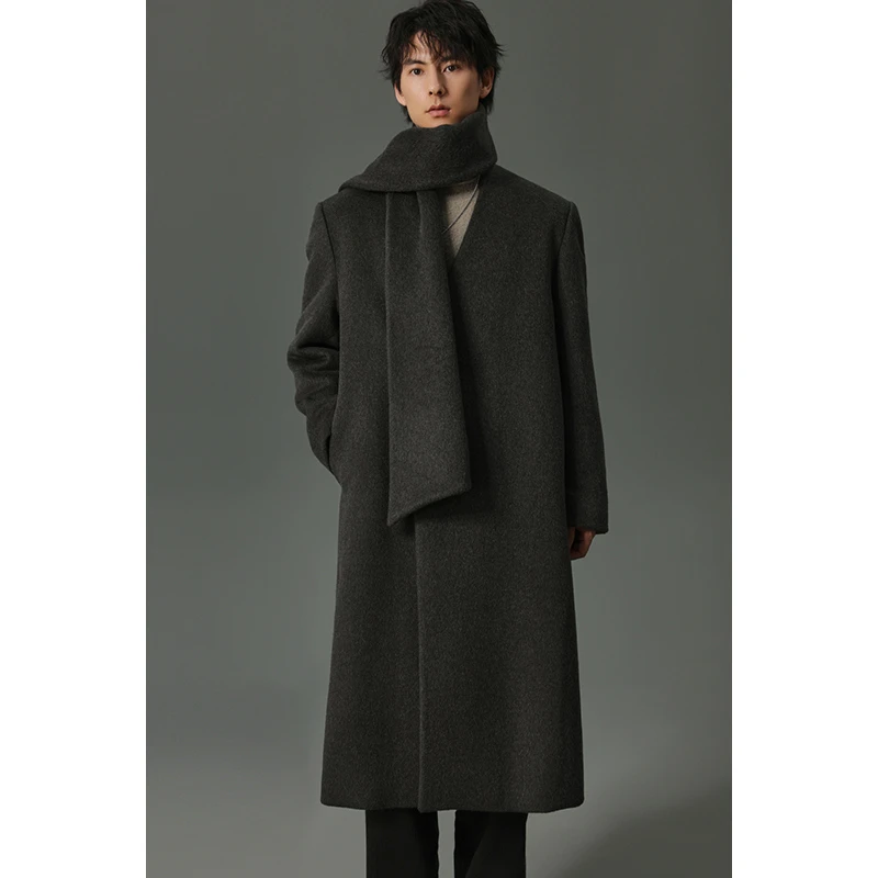 【Y字领加棉加厚羊毛大衣】男长款冬季新款呢子宽松大衣外套FLD17