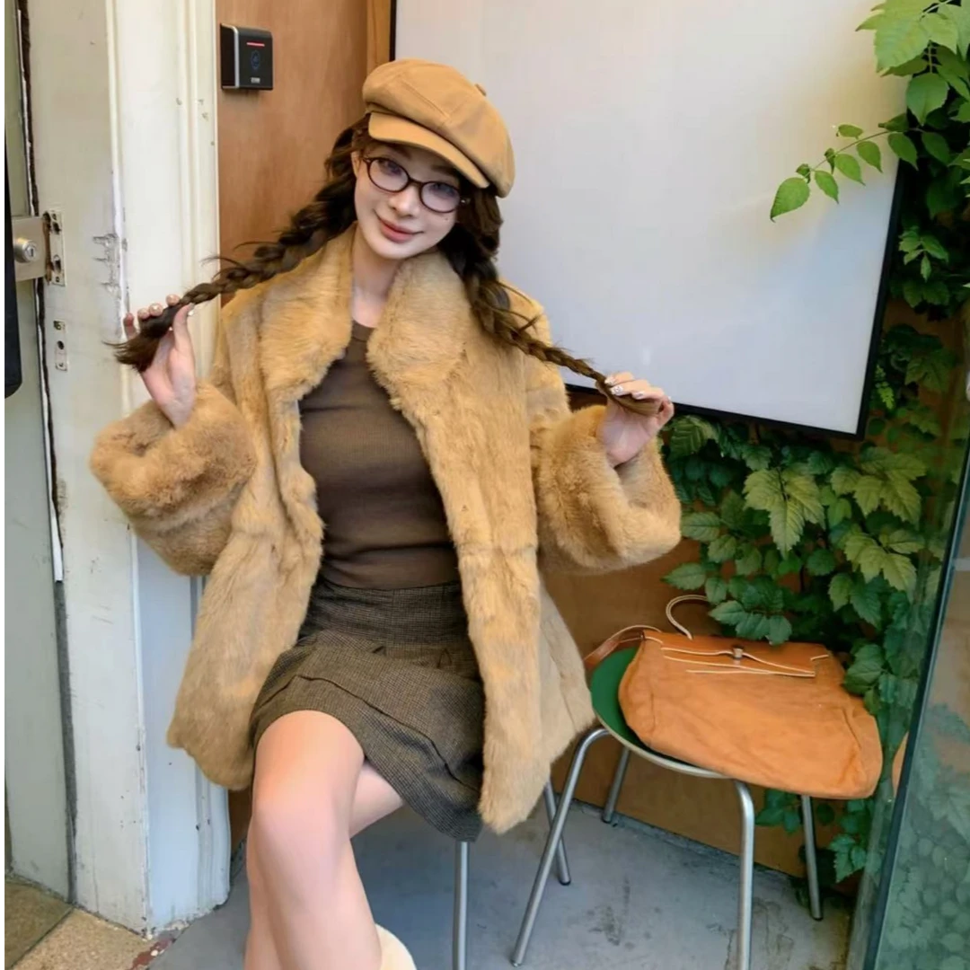 2024新款兔毛挽袖轻奢保暖女士兔毛外套#80297