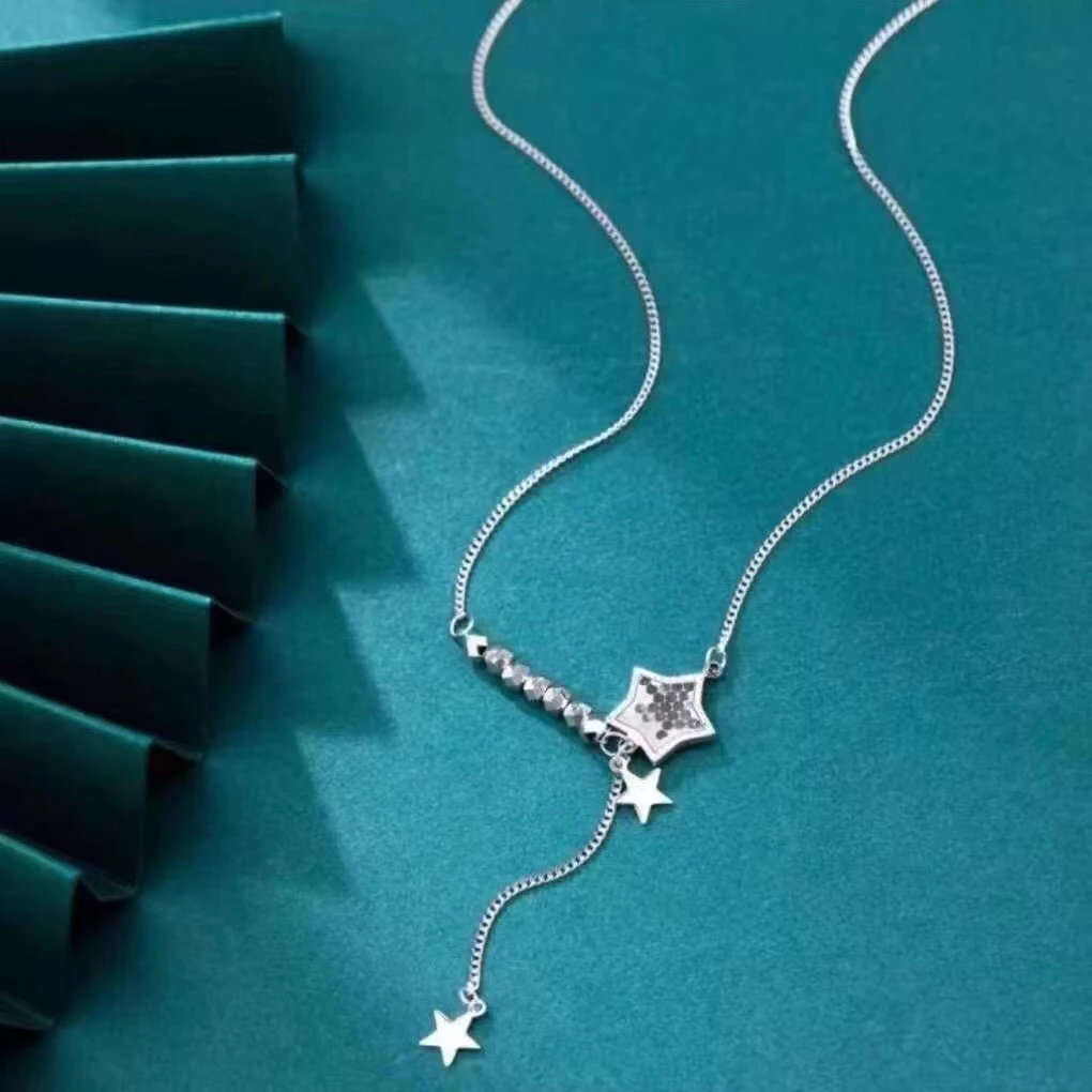 坠链均足银 星星流苏套链 五角星碎冰冰国风时尚小众轻奢项链 E18