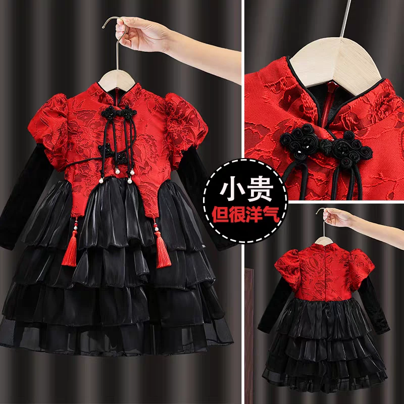 女童公主裙冬装礼服新款加绒拜年款中国风洋气连衣裙洛丽塔蛋糕裙