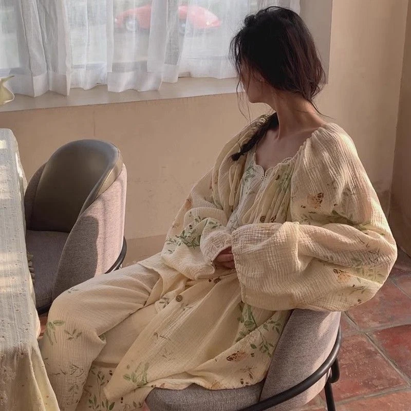 春秋季纯棉纱布睡衣女三件套长袖长裤夏天吊带家居服全棉法式套装