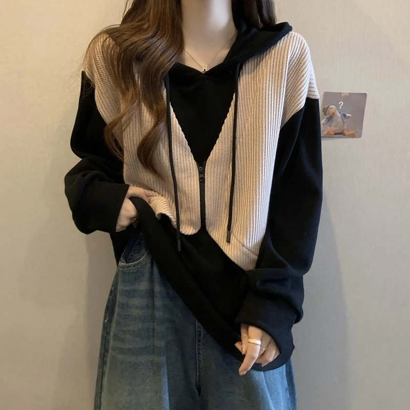 大码遮肚子慵懒风假两件长袖打底衫女秋冬胖妹妹显瘦拼接连帽上衣