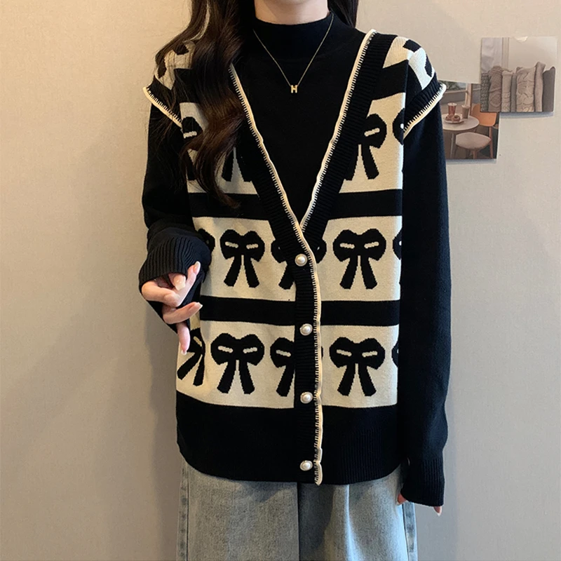 大码遮肚子小香风蝴蝶结百搭女秋冬胖妹妹假两件显瘦中长款针织衫