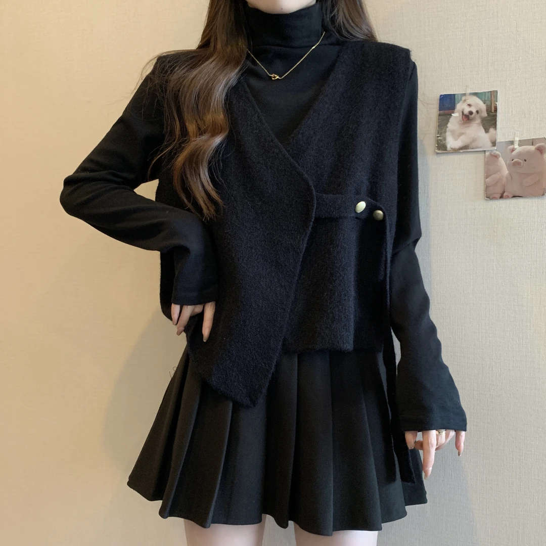 大码遮肚子小香风毛衣马甲两件套女秋冬胖妹妹显瘦内搭T恤打底衫