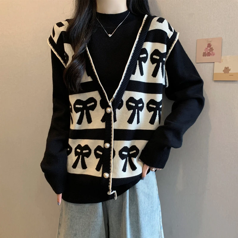 复古假两件毛衣针织衫女秋冬微胖大码设计感气质宽松显瘦洋气上衣