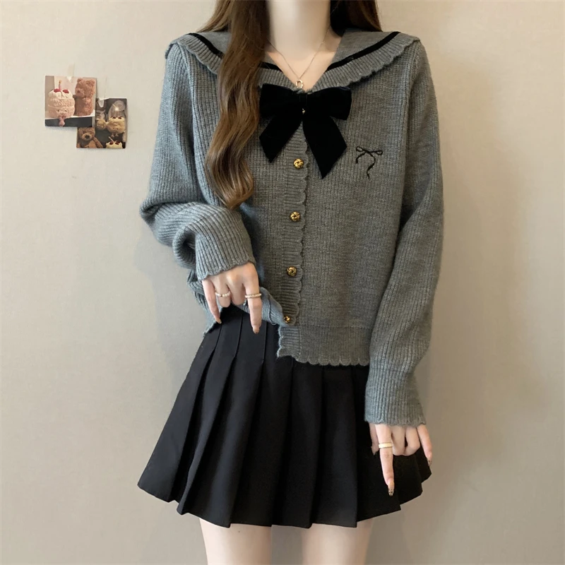 大码女装遮肚子学院风针织开衫女春秋胖妹妹显瘦蝴蝶结毛衣打底衫