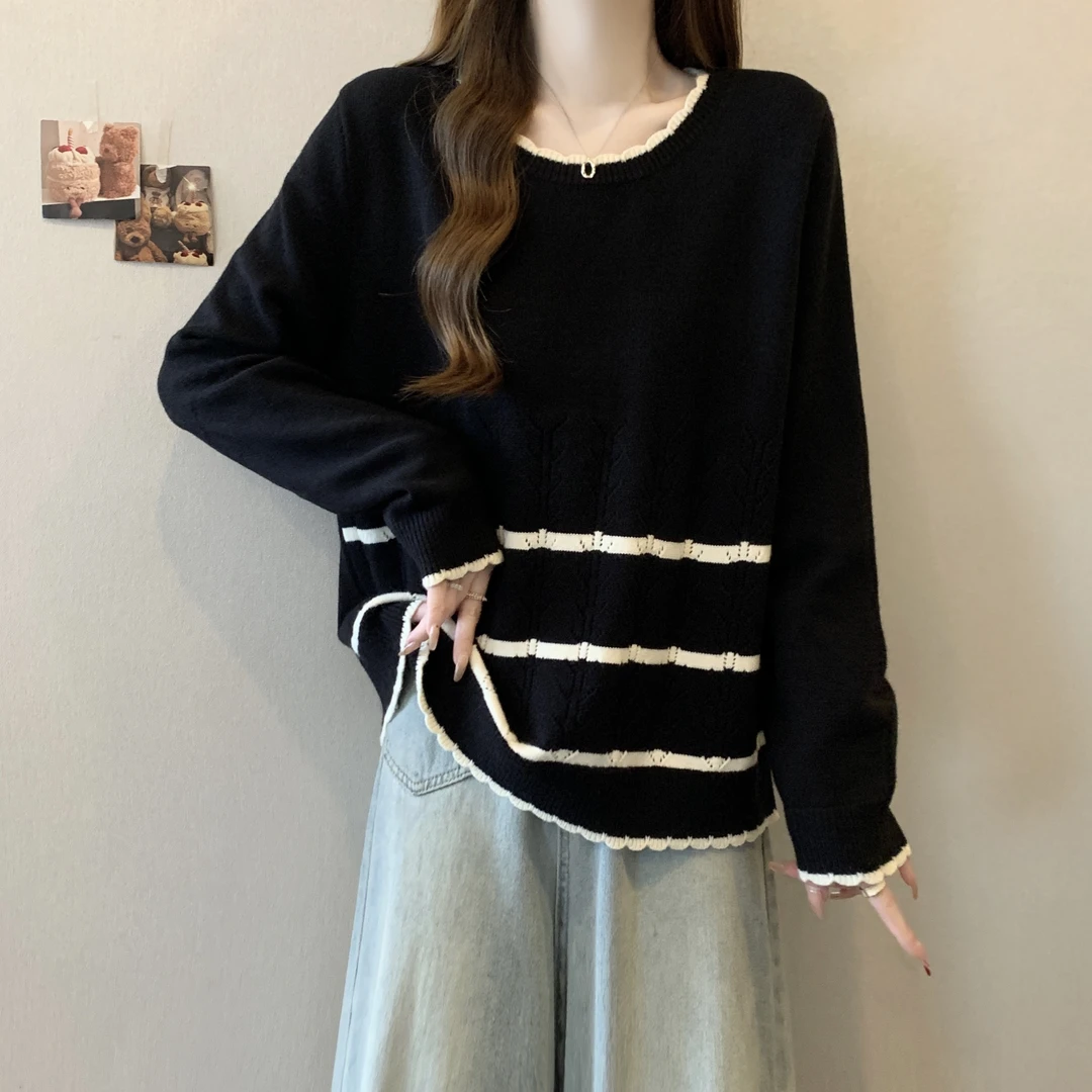 大码女装法式小香风圆领撞色针织衫女春秋胖妹妹宽松显瘦遮肚上衣