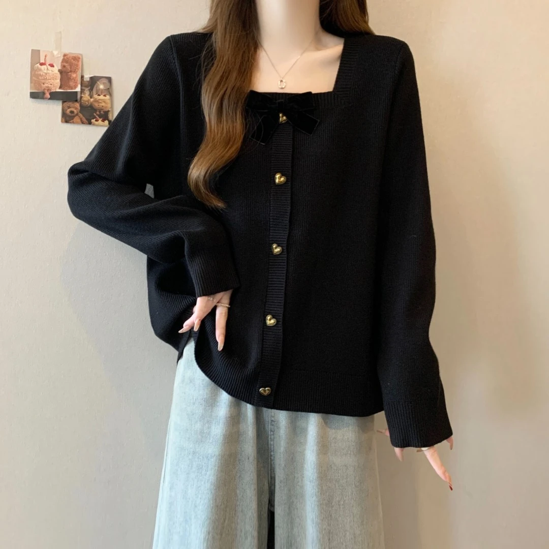 大码女装遮肚子小众方领长袖针织衫女秋冬胖妹妹宽松显瘦正肩上衣