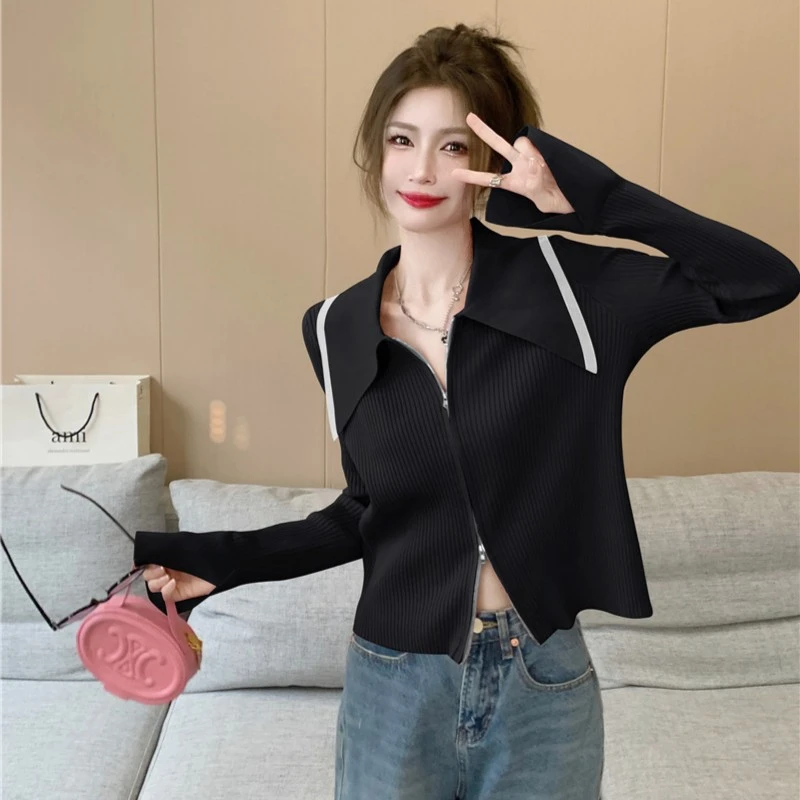 大码女装遮肚子娃娃领长袖开衫女春秋胖妹妹宽松显瘦拉链针织上衣