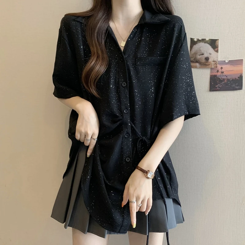 大码韩版遮肚子正肩POLO领打底衫女夏季胖妹妹宽松显瘦不规则上衣