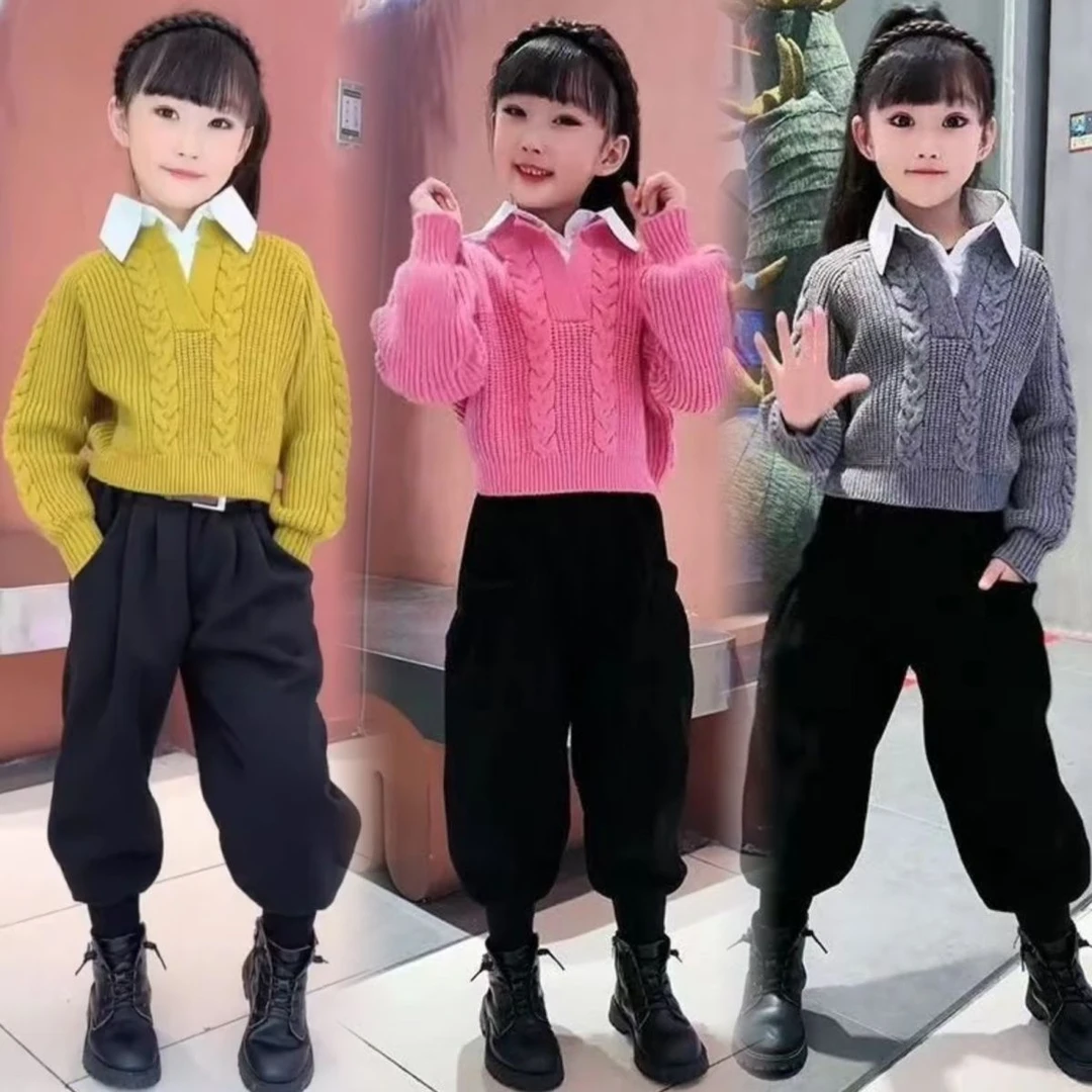 女童秋冬装新款韩版时髦衬衫领毛衣加绒加厚萝卜裤套装时尚儿童装