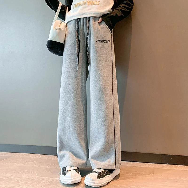 女童裤子秋冬款2024新款儿童卫裤女大童加绒运动裤松紧直筒阔腿裤