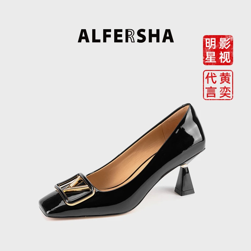 阿芙莎广系联名款923686新款时尚金属扣通勤法式方头细跟高跟鞋