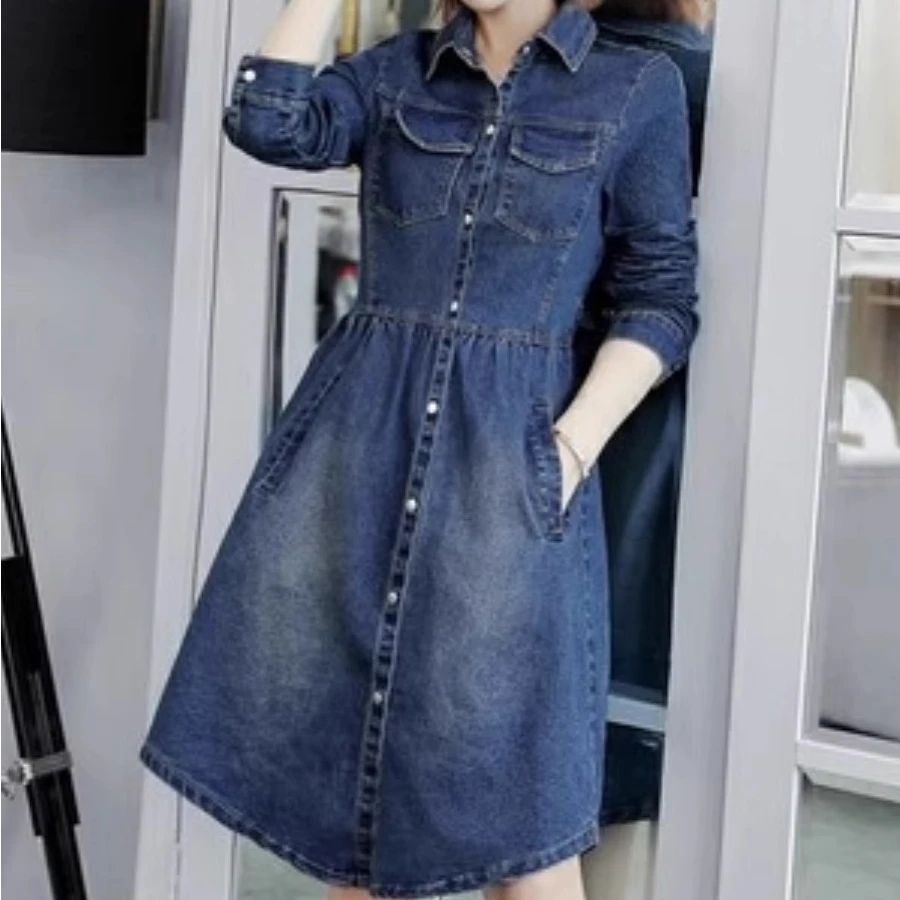 8920韩版时尚牛仔裙连衣裙女收腰中长款a字裙显瘦设计潮