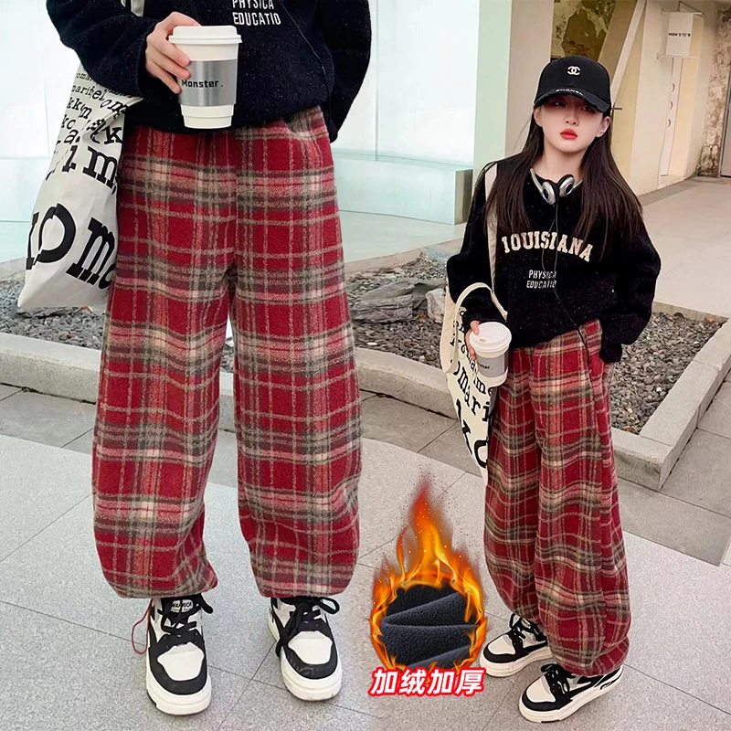 【毛妈潮牌】女童装冬季加绒加厚格子裤中大儿童宽松洋气百搭长裤