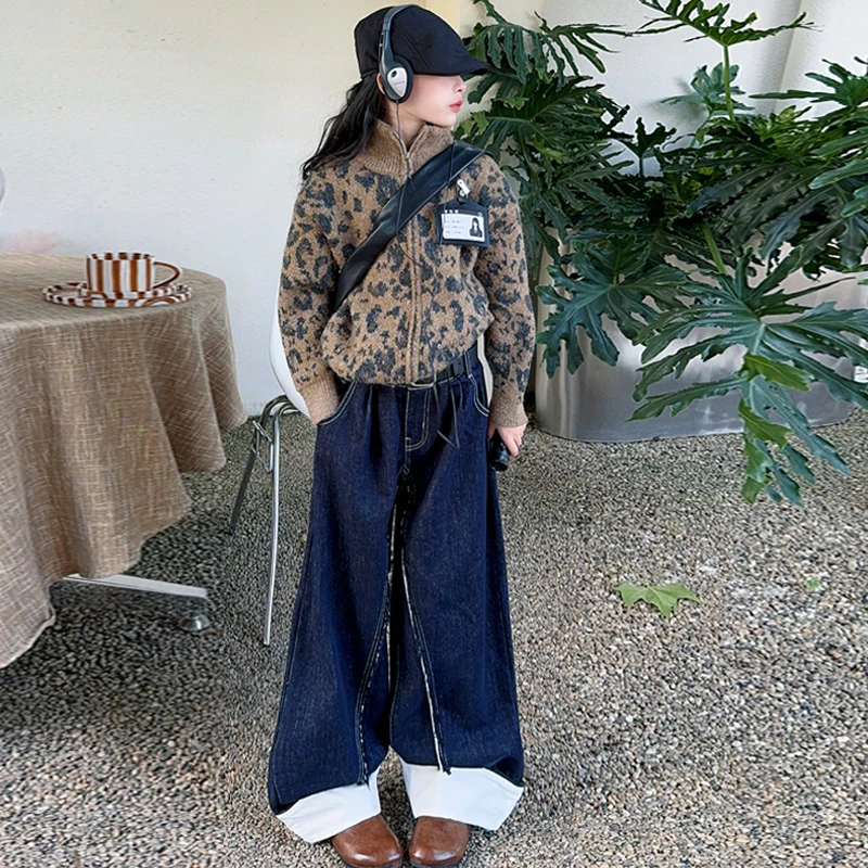 【毛妈潮牌】女童冬豹纹外套牛仔阔腿裤套装2024新款洋气韩版两件套
