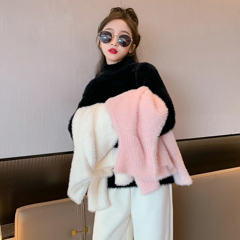 【毛妈潮牌】女童冬装加厚毛衣2023新款大童百搭洋气水貂绒套头毛衣