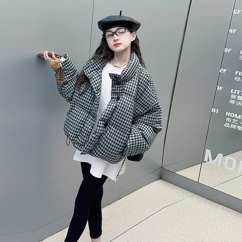 【毛妈潮牌】女童冬季千鸟格短款棉衣2024新款大童宽松百搭棉服外套